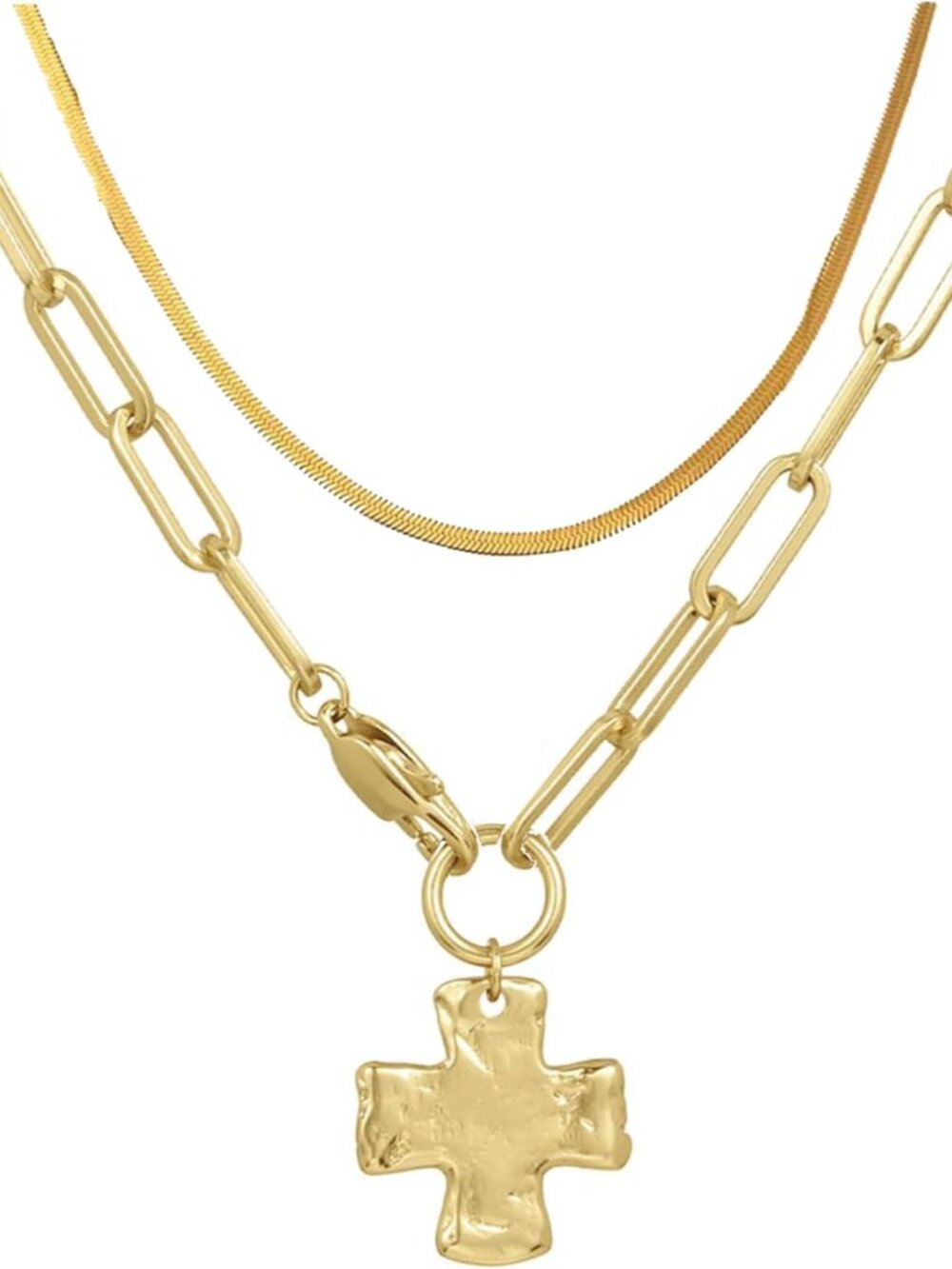 Chunky Cross Necklace For Women, 14k Gold Plated Two Layer Chain Stackable Neckl